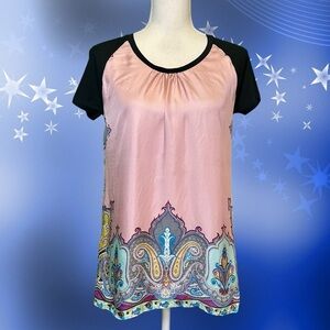Etro Black Cotton & Pink Paisley Silk Front Short-Sleeve T-Shirt Size 40 = Small